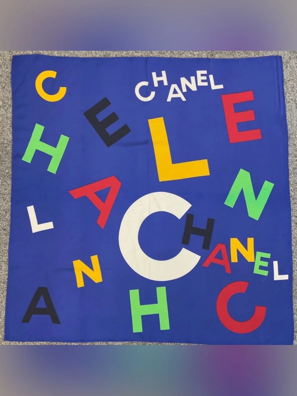 CHANEL Multicolor Letter Print Blue 100% Silk Scarf